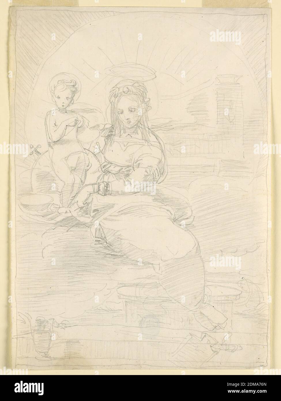 La Vergine col Bambino, fortunato Duranti, italiano, 1787 - 1863, grafite su carta, la Vergine si siede su nuvole, con il Bambino in piedi accanto a lei. Ha il suo braccio destro intorno al bambino e porta nella sua mano destra una ciotola, puntandola con la sua mano sinistra. Dietro il Bambino c'è il globo con una croce in cima. Di seguito sono riportate le parti superiori di una colonna dorica e di un pezzo di fregio, e una tavoletta appoggiata contro di essa. Davanti alla compressa si trova una caraffa. Sullo sfondo è una struttura con una torre. Il sole è visibile. Questa parte dello sfondo è incorniciata dalla parte più grande di un cerchio Foto Stock