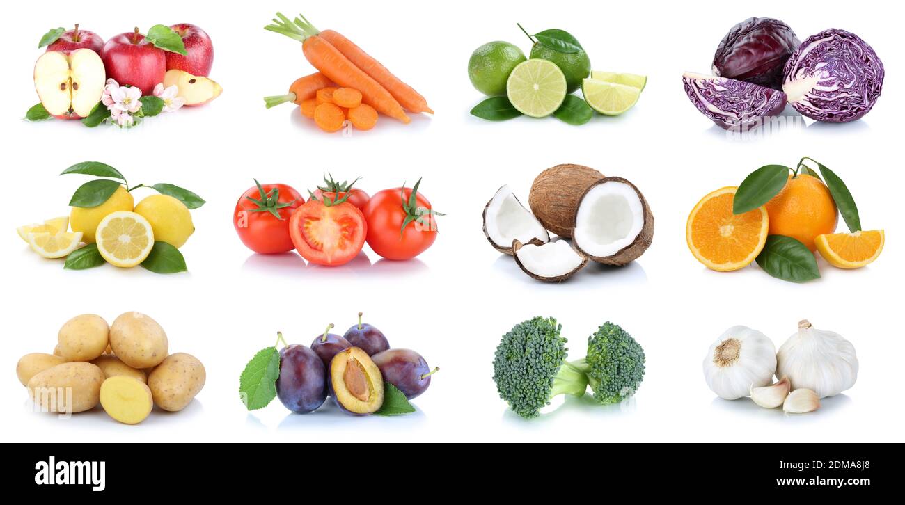 Obst und Gemüse Früchte Sammlung Äpfel, Orangen Kokosnuss Essen Freisteller vor einem weissen Hintergrund Foto Stock