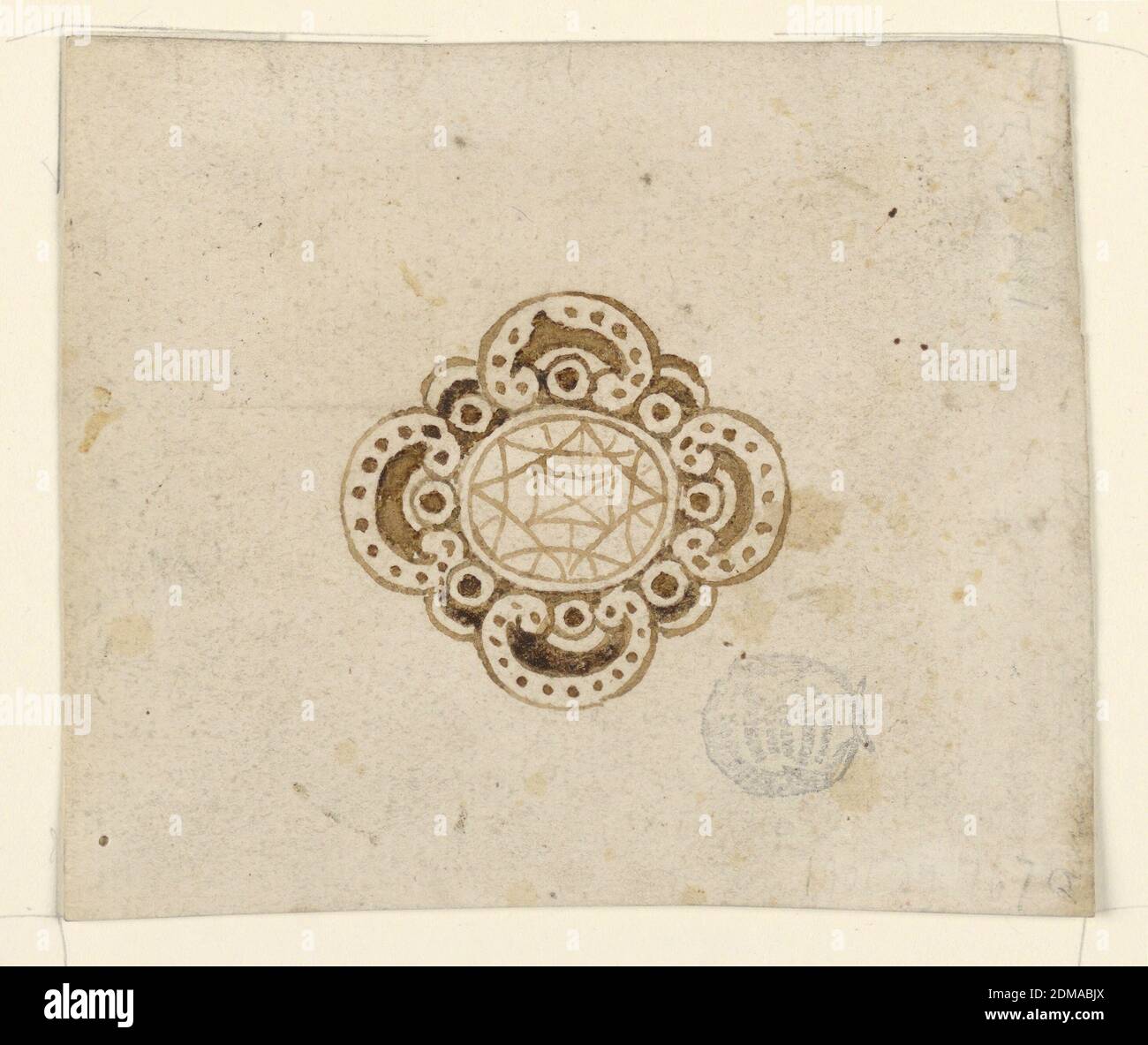 Design per Brooch, penna e inchiostro, pennello e seppia su carta, montatura oblunga diamantata da volutes., Italia, 1820, gioielleria, disegno Foto Stock