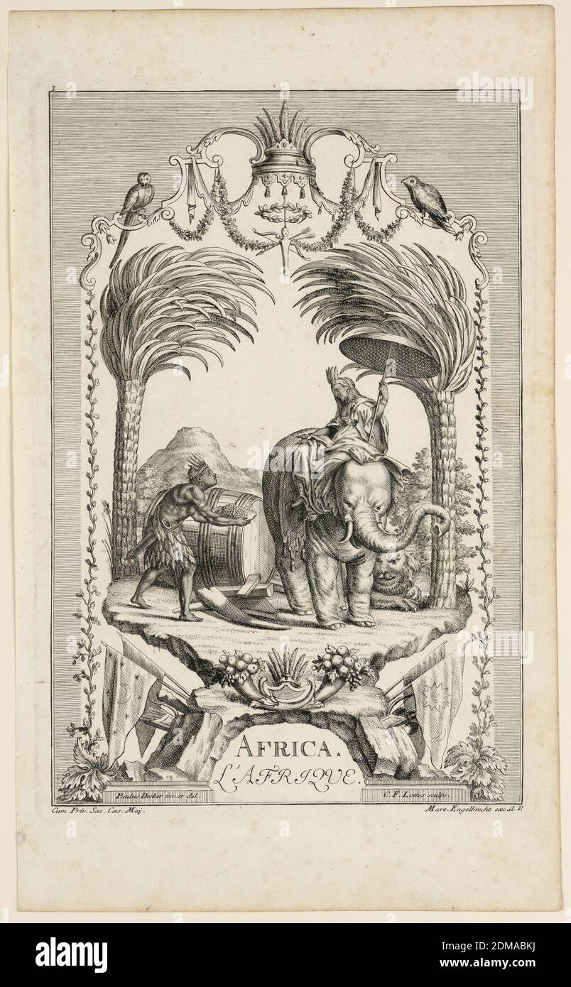 Africa, Martin Engelbrecht, tedesco, 1684–1756, C.F. Lottes, 1701 - 1740,  incisione su carta, scena che rappresenta l'Africa. Donna seduta su un  elefante sotto una palma, tenendo un ombrellone. Un uomo che le