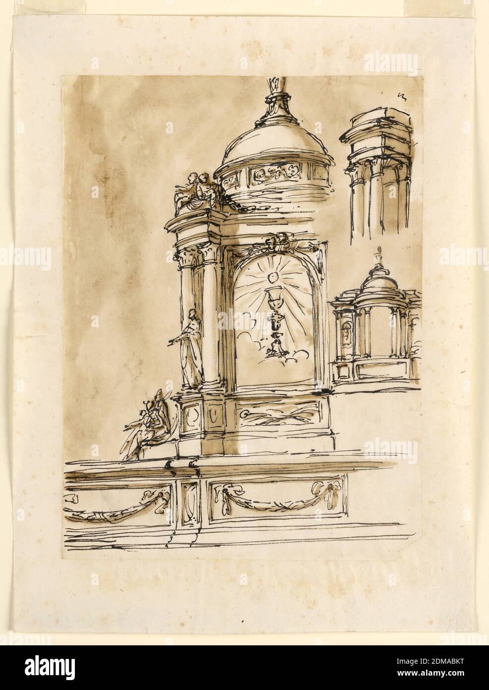 Disegni per un tabernacolo, Giuseppe Barberi, italiano, 1746–1809, penna e inchiostro marrone, pennello e lavaggio marrone su carta leso biancastra, il lato sinistro è mostrato nel disegno principale. Parte della sporgenza è mostrata di seguito. Il tabernacolo ha la forma del fronte di un padiglione, con coppie di colonne disposte obliquamente, con statue nell'intercolonnazione. I bambini siedono sopra l'entablature. Calice e padrone di casa in una gloria sono alla porta. Un angelo si siede accanto al dado. Sopra, a destra, sono le parti superiori delle colonne, e l'entablature dettagliato. Foto Stock