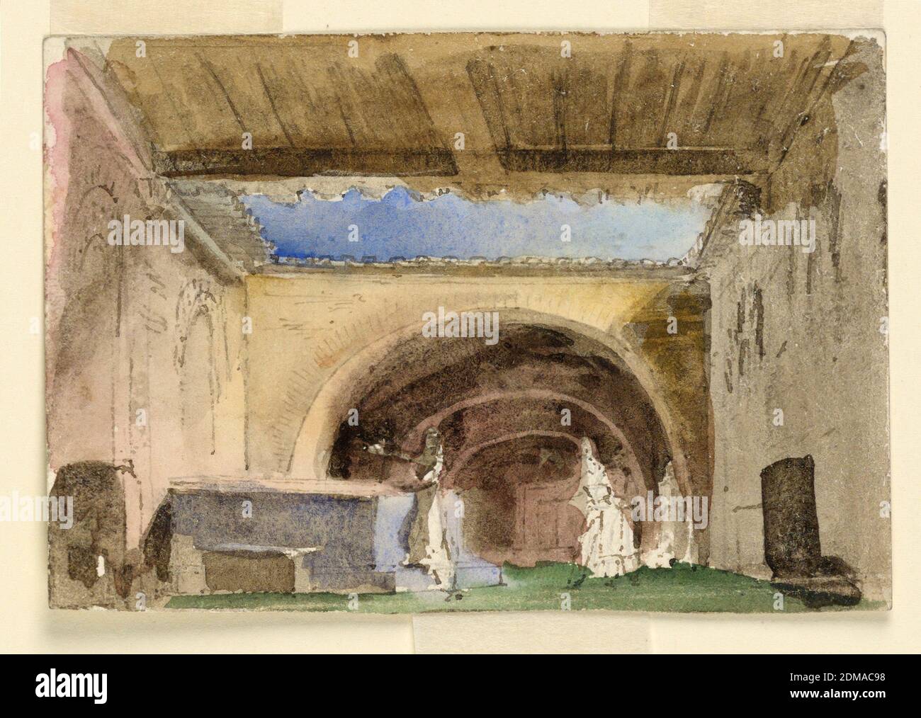 Scenografia, interni di Casa e Corte, inchiostro penna e seppia, pennello e lavaggio su carta; verso: Grafite, rettangolo orizzontale. Interno di casa e di corte, persone in azione al centro. Verso: Pianta del piano terra., Italia, primi del XIX secolo, teatro, disegno Foto Stock