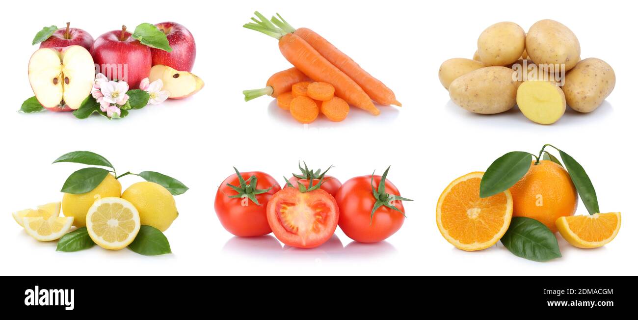 Obst und Gemüse Früchte Sammlung Äpfel, Orangen Essen Freisteller vor einem weissen Hintergrund Foto Stock