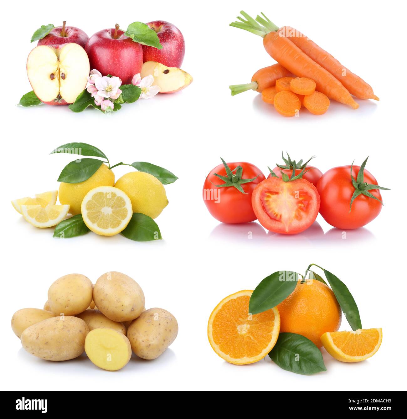 Obst und Gemüse Früchte Sammlung Äpfel, Orangen Tomaten Essen Freisteller vor einem weissen Hintergrund Foto Stock