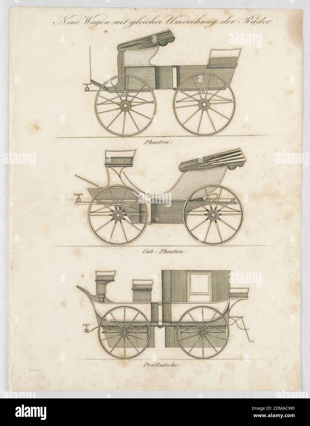 Tre carrozze, Richter, tedesco, attivo 19 ° c., incisione su carta, sopra, un phaeton, aperto. Centrale, CAP-phaeton, con cofano ripiegato; in basso, una carrozza parzialmente chiusa - 'Postkutsche'. I nomi sotto ciascuno; nome dell'artista, in basso a sinistra., Germania, 1837, trasporto, Stampa Foto Stock