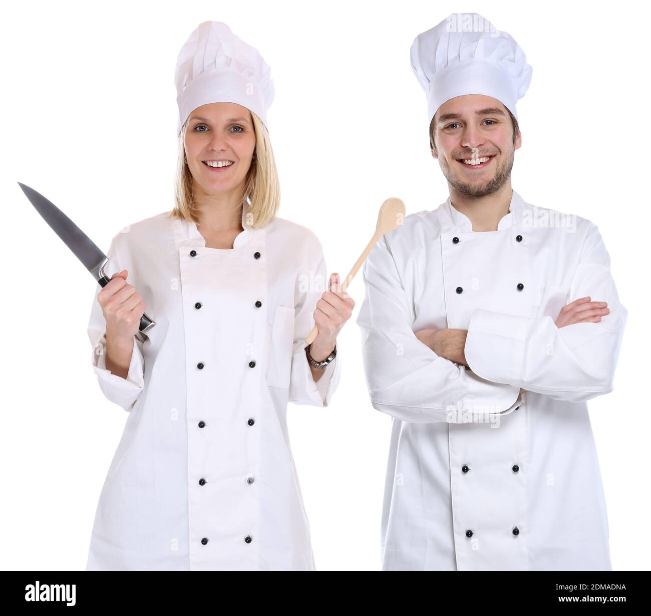 Koch Köche jung Azubi Azubis Ausbildung Auszubildender Messer kochen Beruf Freisteller freigestellt vor einem weissen Hintergrund Foto Stock