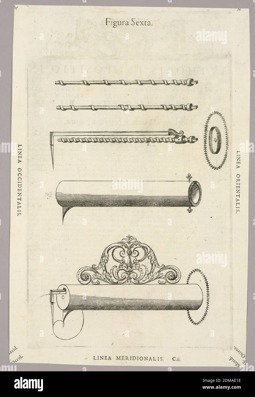 Piatto VI, da Theatrum instrumentorum et machinarum, Julio Paschale, Woodcut su carta, strumenti metallici per il disegno di spirali. Sopra, tre viti con filettature larghe. Un braccio attaccato, che li fa cavallo, all'interno, un tubo, centro. Di seguito, le sezioni unite. Il braccio si sposta sulla vite all'interno del tubo. Due punti, uno sul tubo, l'altro sul braccio, toccare la carta. Descrizione in latino su verso di 1949-152-203., Europe, 1582, Print Foto Stock