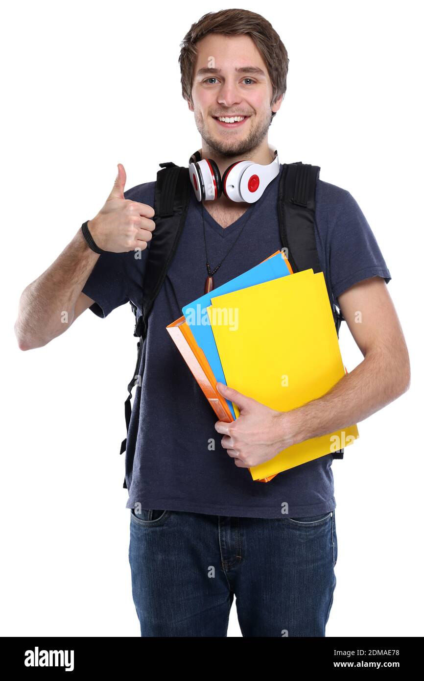 Studente Daumen hoch junger Mann jung lachen Jugendlicher Freisteller freigestellt auf weissem Hintergrund Foto Stock