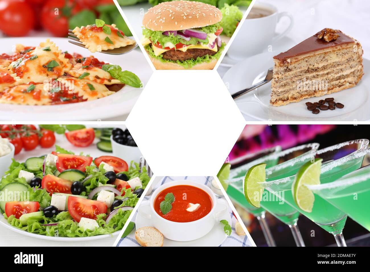 Sammlung Collage Essen und Trinken Gerichte Getränke Ristorante Karte impostato Foto Stock
