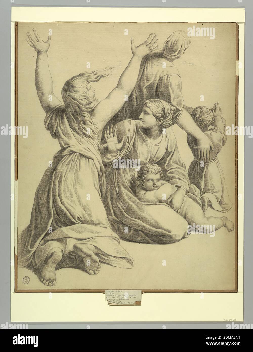 Gruppo di figure dell'Incendio del Borgo di Raffaello, Raffaello (italiano, 1483-1520), gesso nero su carta, il gruppo centrale in primo piano dell'Incendio del Borgo di Raffaello. Una donna inginocchiata e una donna seduta con un bambino. Un'altra donna con un bambino, adorazione., Italia, 1800-1850, disegno Foto Stock