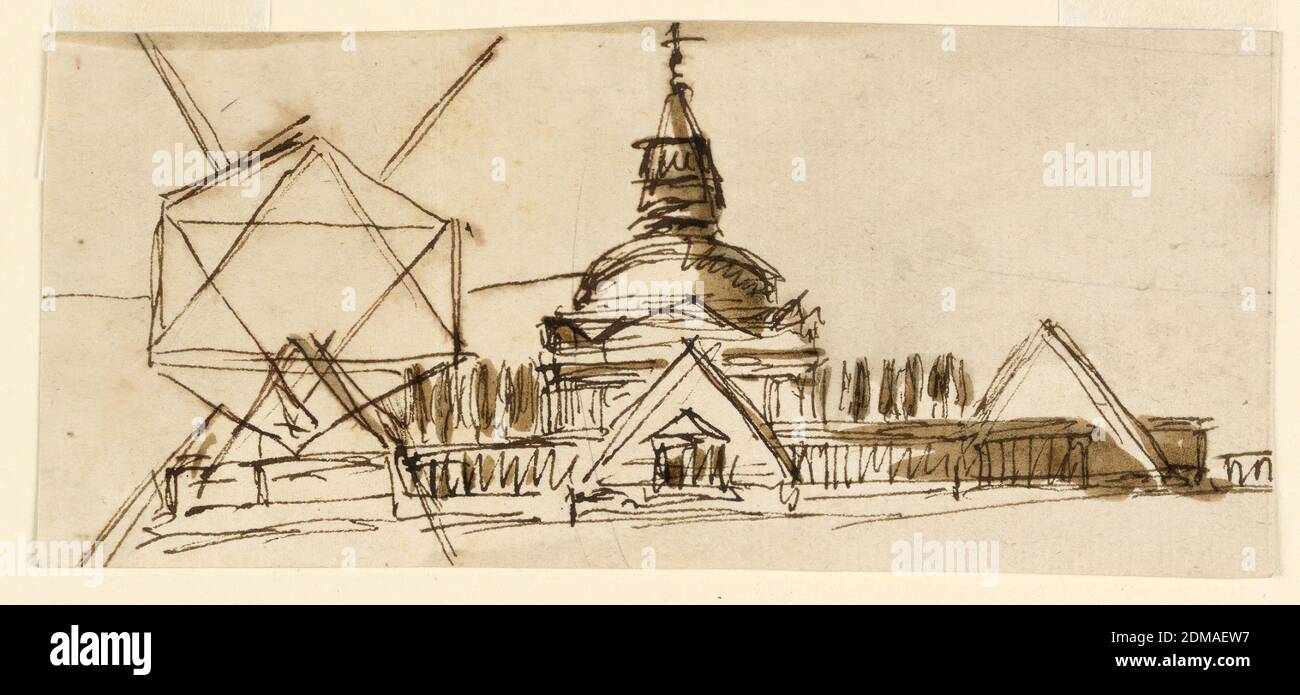 Mausoleo, Giuseppe Barberi, italiano, 1746–1809, penna e inchiostro marrone, pennello e lavaggio marrone, grafite su carta deformata biancastra, foderata, il mausoleo è una struttura circolare, con cupola e obelisco sulla sommità. Il recinto è costituito da colonnati che collegano piramidi di cui tre sono mostrati. Gli alberi fiancheggiano il mausoleo. A sinistra si trova un piano di ettari collegato agli angoli di una stella di Davide., Roma, Italia, 1795, architettura, disegno Foto Stock