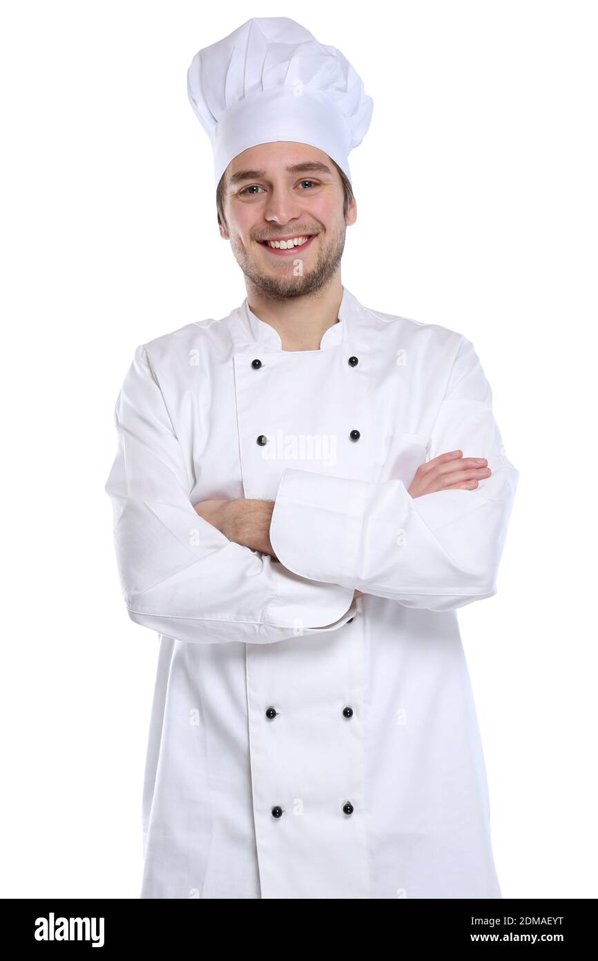 Koch jung Azubi Ausbildung Auszubildender kochen Beruf Freisteller freigestellt vor einem weissen Hintergrund Foto Stock