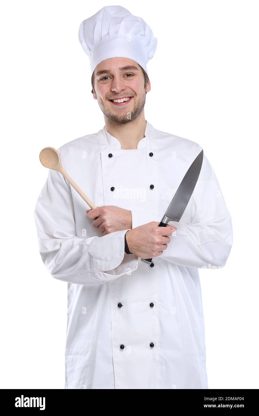 Koch jung Azubi Ausbildung Auszubildender kochen Beruf Freisteller freigestellt vor einem weissen Hintergrund Foto Stock