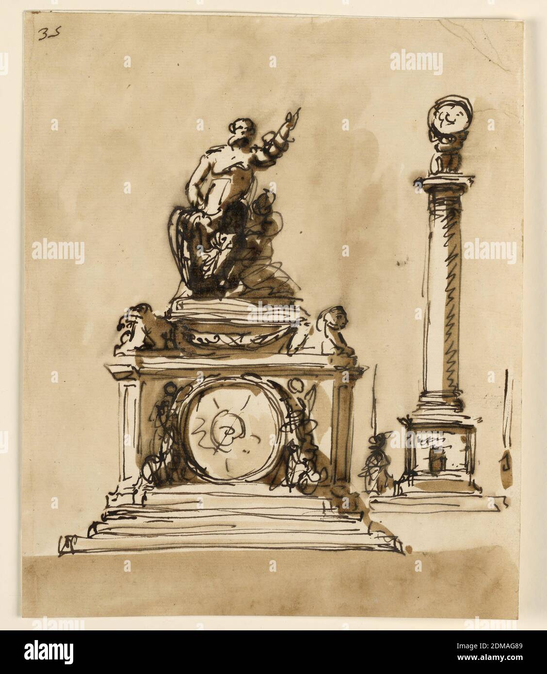 Orologi, Giuseppe Barberi, italiano, 1746–1809, penna e inchiostro marrone,  pennello e lavaggio marrone su carta defilata biancastra, foderata, Design  per orologi., Roma, Italia, 1746–1809, architettura, disegno Foto stock -  Alamy