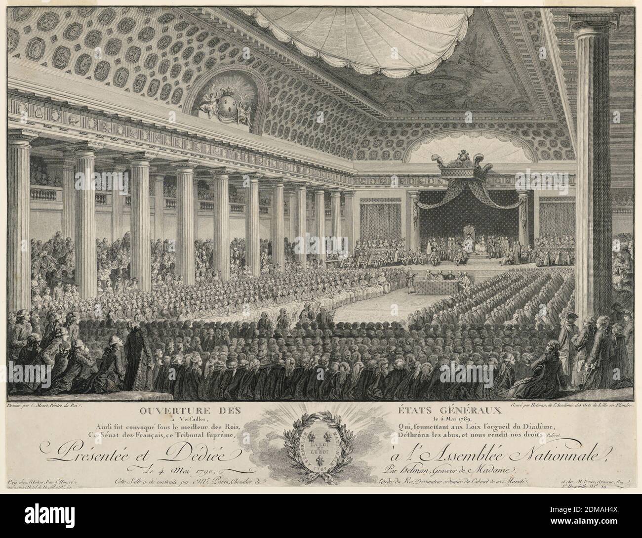 Incontro degli Stati generali a Versailles nel 1789, Isidore-Stanislaus-Henri Helman, francese, 1743 - 1809, Charles Monnet, francese, 1732 - 1808, incisione su carta, interno della Sala dei Revels a Versailles mostrando il Re che presiede la riunione del États Généraux., Parigi, Francia, 1790, Stampa Foto Stock