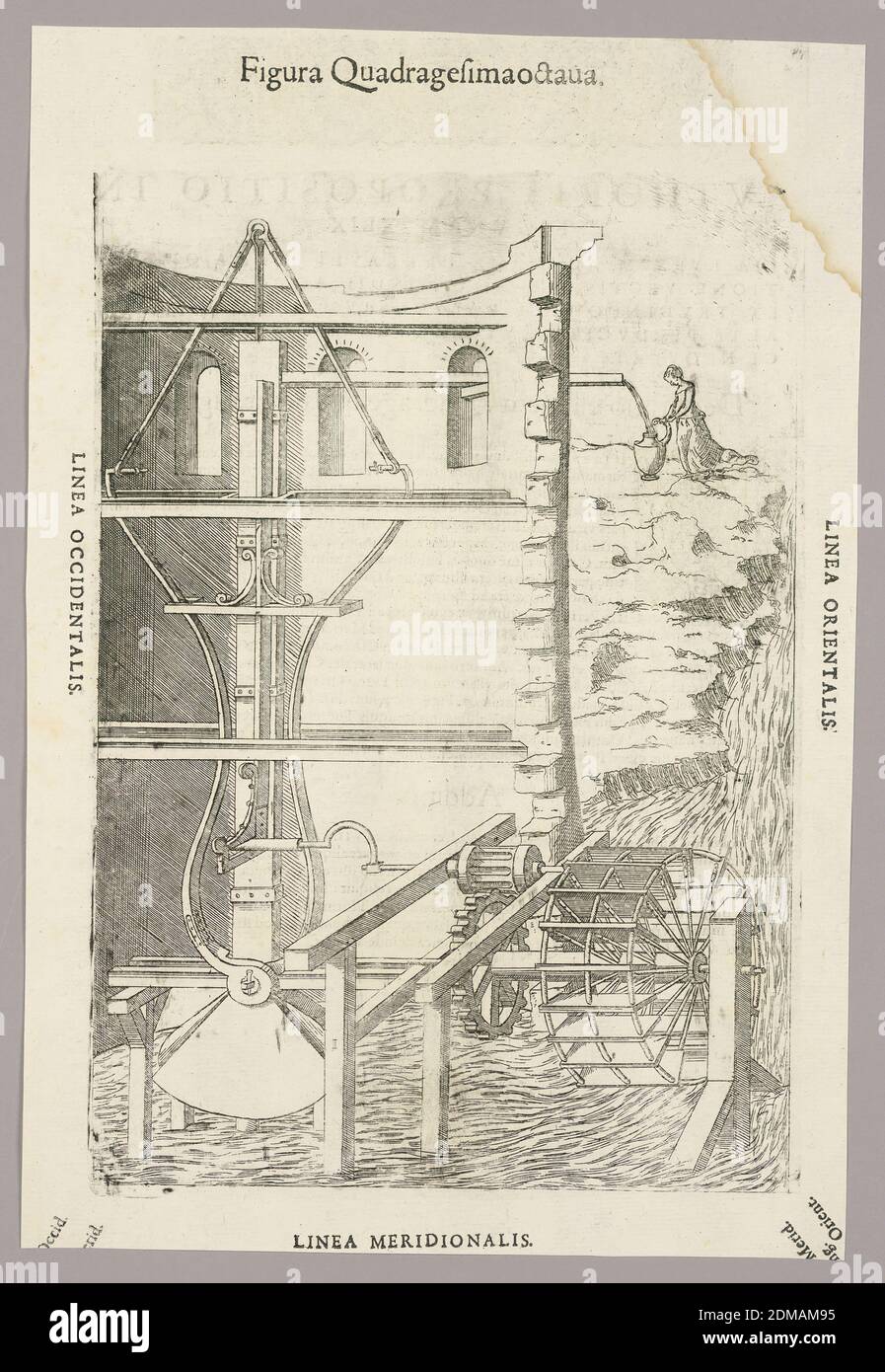 Piatto XLVIII di Theatrum instrumentorum et machinarum, Julio Paschale, Woodcut su carta, pompa mostrata all'interno di una torre, a sinistra, tagliata via. Funziona per mezzo di una ruota ad acqua, destra, ruote dentate e un tubo curvo che muove un pezzo su e giù, e altri dentro e fuori, per dare aspirazione. Donne in alto a destra, riempiendo un vaso. Descrizione in latino su verso di 1949-152-245., Lione, Francia, 1582, Stampa Foto Stock