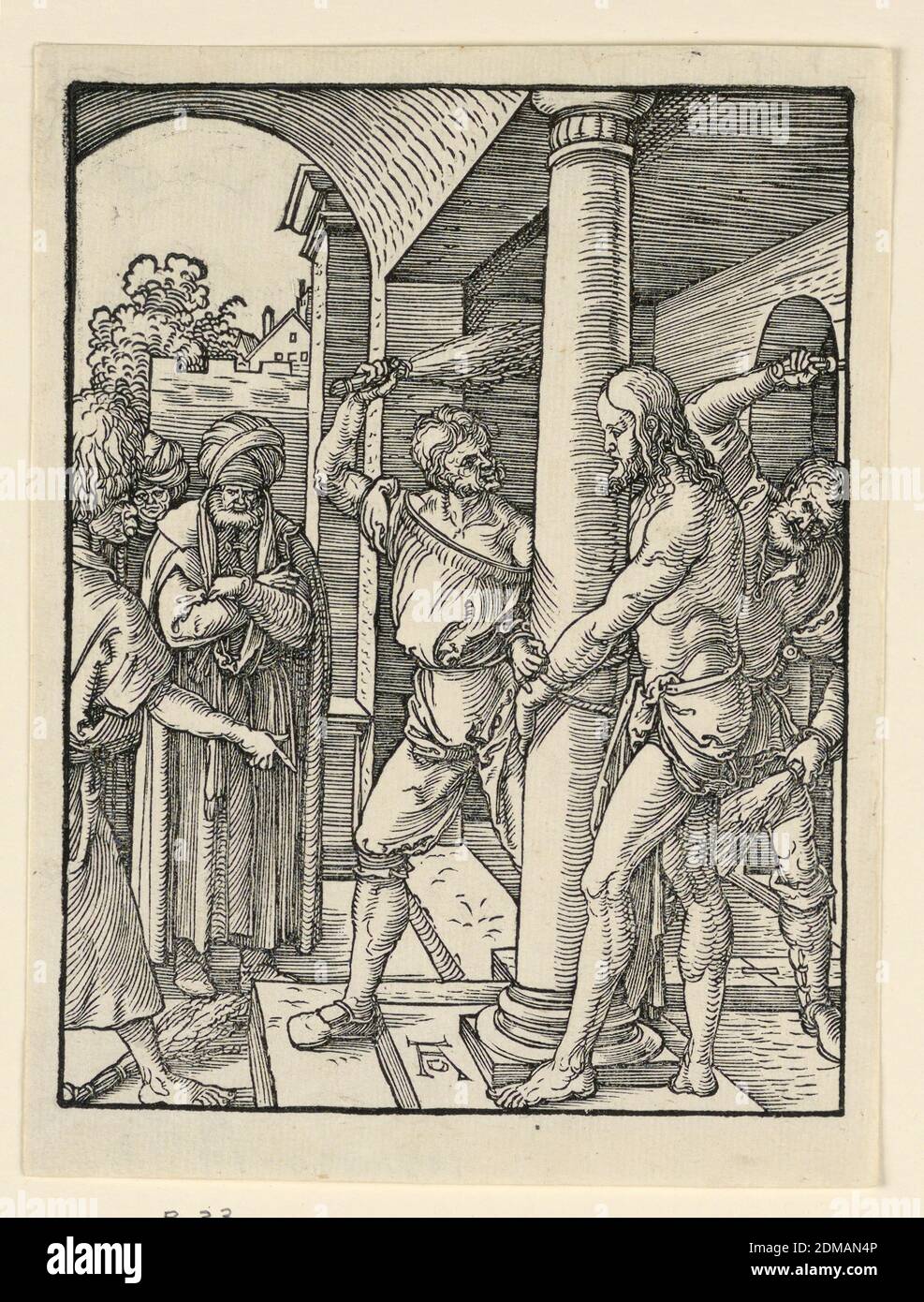 La Flagellazione, dalla Little Passion Series, Albrecht Dürer, tedesco, 1471–1528, Woodcut su carta, interno, con Cristo mostrato legato ad una colonna in primo piano, a destra. È stato floggato da due uomini, la scena osservata da uomini turbati, in piedi a sinistra. Monogramma di Dürer al centro inferiore., Germania, ca. 1509–1511, Stampa Foto Stock La Flagellazione, dalla Little Passion Series, Albrecht Dürer, tedesco, 1471–1528, Woodcut su carta, interno, con Cristo mostrato legato ad una colonna in primo piano, a destra. È stato floggato da due uomini, la scena osservata da uomini turbati, in piedi a sinistra. Monogramma di Dürer al centro inferiore., Germania, ca. 1509–1511, Stampa Foto Stock