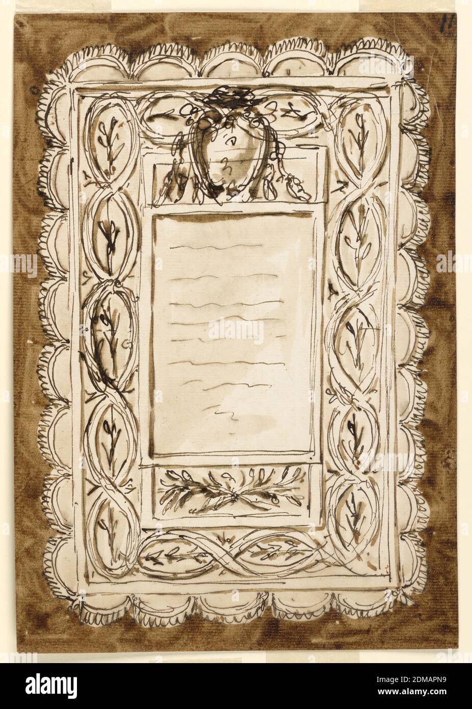 Cornice, Giuseppe Barberi, italiano, 1746–1809, penna e inchiostro marrone, pennello e lavaggio marrone su carta defilata biancastra, foderata, cornice, Roma, Italia, 1746–1809, architettura, disegno Foto Stock