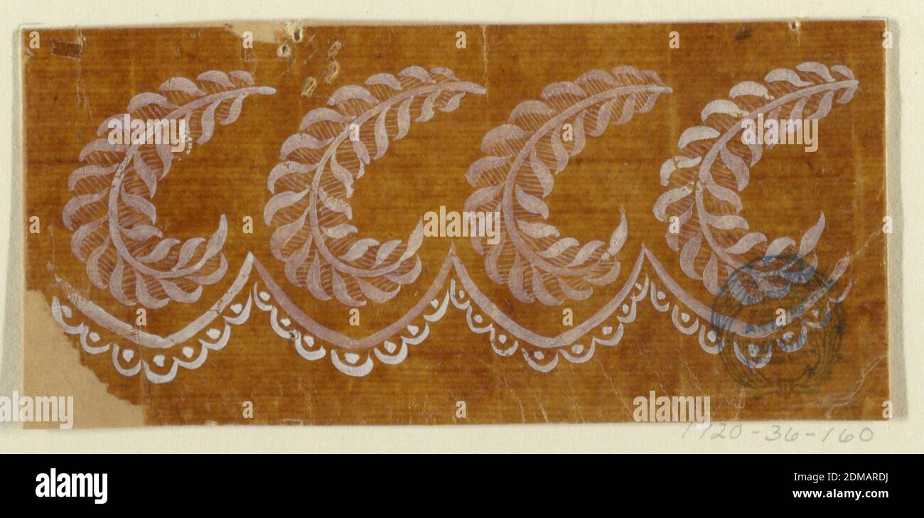 Disegno per un bordo orizzontale ricamato o tessuto della Fabrique de St. Ruf, Fabrique de Saint Ruf, Lione, Francia, pennello e gouache bianco su carta vetrata, i boughs di foglie di Lacy, quattro dei quali sono mostrati, sono appesi negli incavi di un bordo scottato., Francia, 1805–1815, disegno Foto Stock