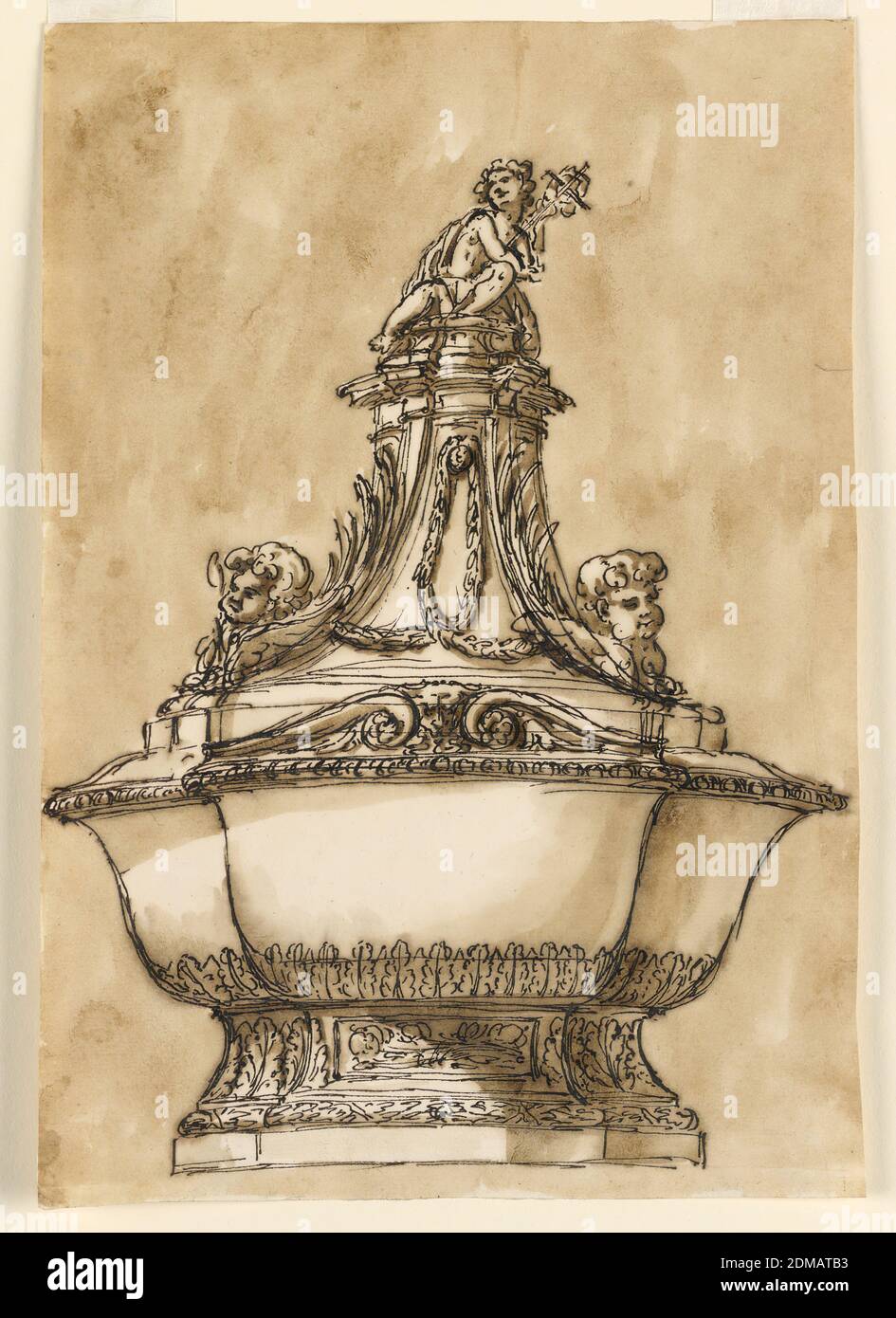 Disegno per un font battesimale, Giuseppe Barberi, italiano, 1746–1809, penna e inchiostro marrone, pennello e lavaggio marrone su carta leso biancastra, una variazione di -1416. La differenza principale è la base bassa sul coperchio. In cima si trova San Giovanni Battista, da ragazzo, con il personale della croce. Solite background., Roma, Italia, ca. 1775, architettura, disegno Foto Stock