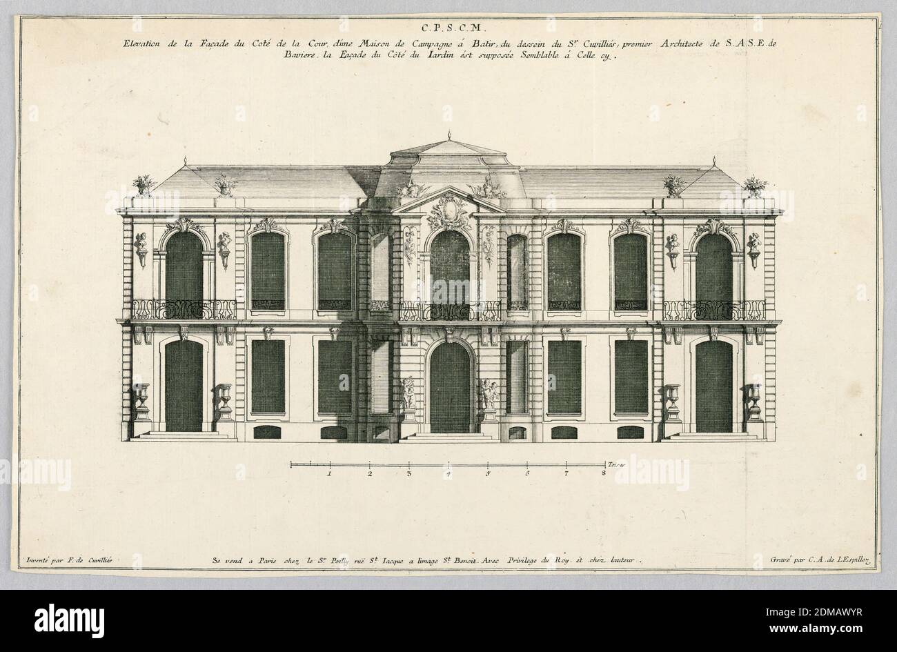 Elevation of the Court Facade of a Country House, François de Cuvillés the Elder, Belgian, Active Germany, 1695 - 1768, Carl Albert von Lespilliez, German, 1723 - 1796, incisione su carta, Europa, Francia, Europa, XVIII secolo, Stampa Foto Stock