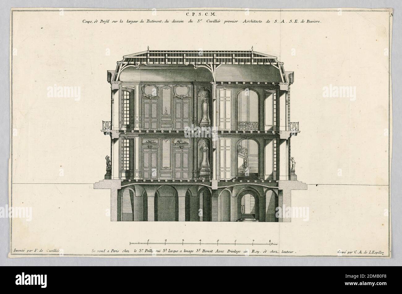 Sezione e vista laterale di un edificio, François de Cuvillés il Vecchio, Belga, Germania attiva, 1695 - 1768, Carl Albert von Lespilliez, tedesco, 1723 - 1796, incisione su carta, Europa, Francia, Europa, XVIII secolo, Stampa Foto Stock