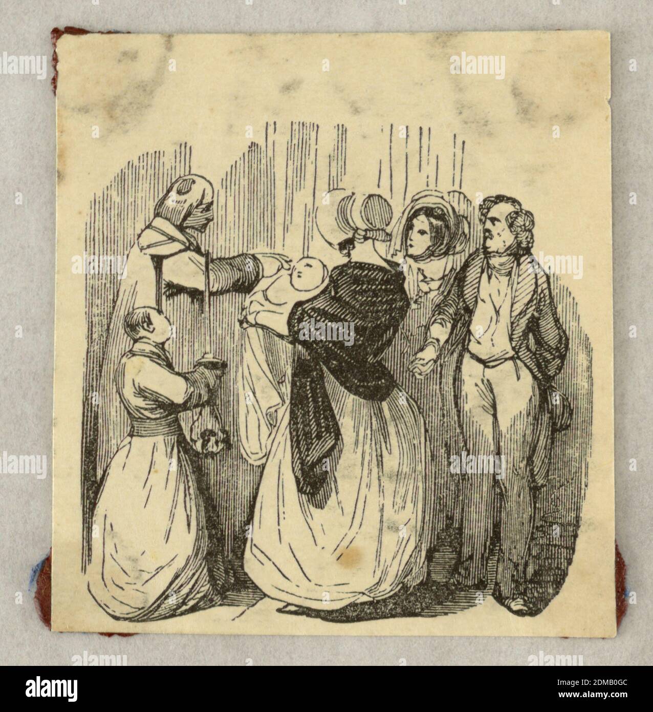 Vignetta, Battesimo, incisione del legno su carta, sono presenti tre persone oltre al bambino. Il sacerdote e il ragazzo del coro., Francia, ca. 1845, Stampa Foto Stock