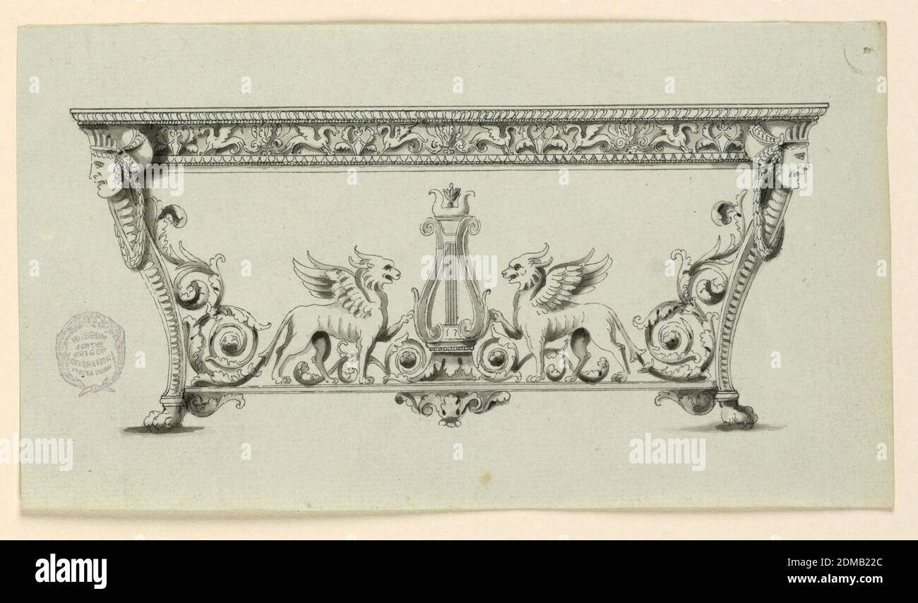 L’elevazione di un tavolo da console, grafite, penna e inchiostro nero, pennello e inchiostro su carta bluastra chiara, gambe curve con la testa delle donne in cima. I griffins fiancheggiano una lira sulla sporgenza che collega le gambe. Le loro code terminano con rinceaux che si alzano lungo le gambe. Il fregio del piano del tavolo mostra un fregio di palmetette e griffini., Germania, 1800–1875, mobili, disegno Foto Stock