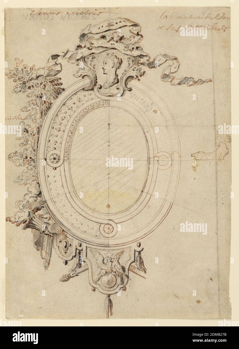 Design per una cornice ovale su tema di Venere vittorioso, penna e inchiostro nero, grafite su carta, cornice ovale che mostra in alto al centro un taglio con la testa Venere e la sua cintura. Lambrequins appendere in fondo, quello centrale mostra un paio di colombe sul globo sotto una stella. Un paio di torce. A sinistra si innalza un tosse di mirto. Gran parte della decorazione della metà destra non è mostrata., Francia, 1690–1700, architettura, disegno Foto Stock