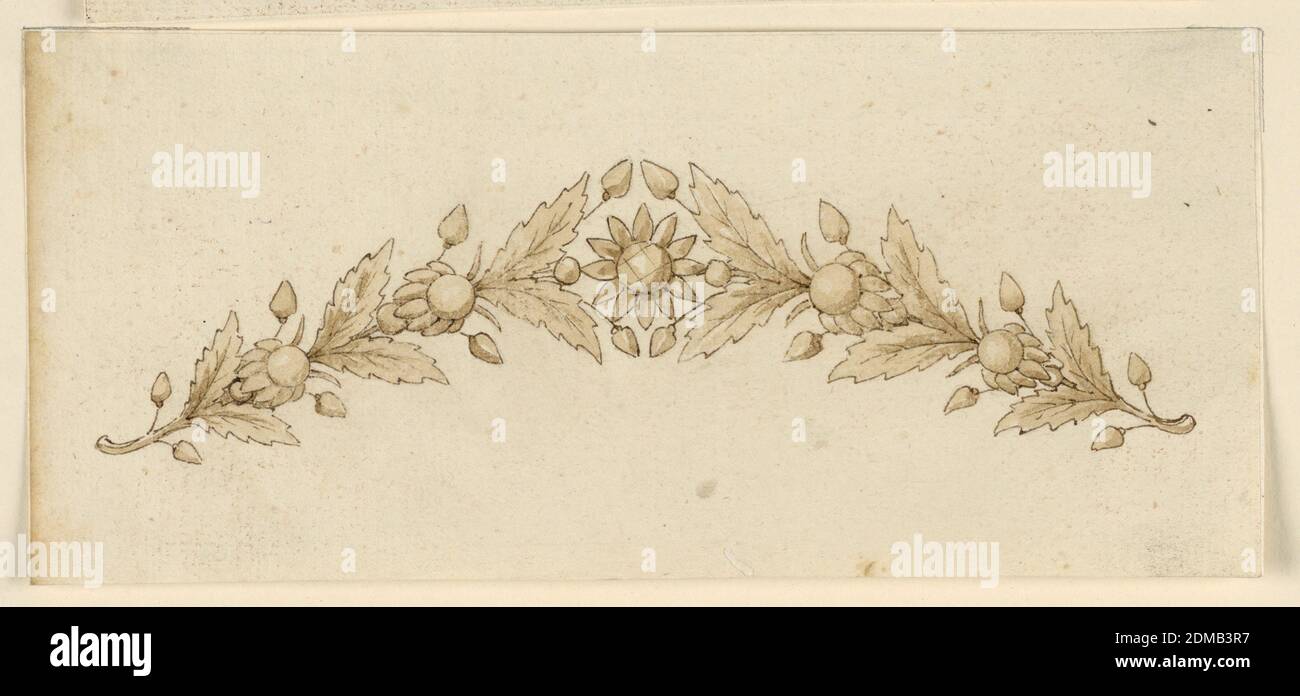 Design per una Coronet, inchiostro penna, pennello e seppia lavaggio su carta, Design per una corona di capelli. Due rami convergenti con andamento alternato di due foglie di quercia e un fiore tra due gemme. Un fiore nel centro., Italia, ca. 1820, gioielli, disegno Foto Stock