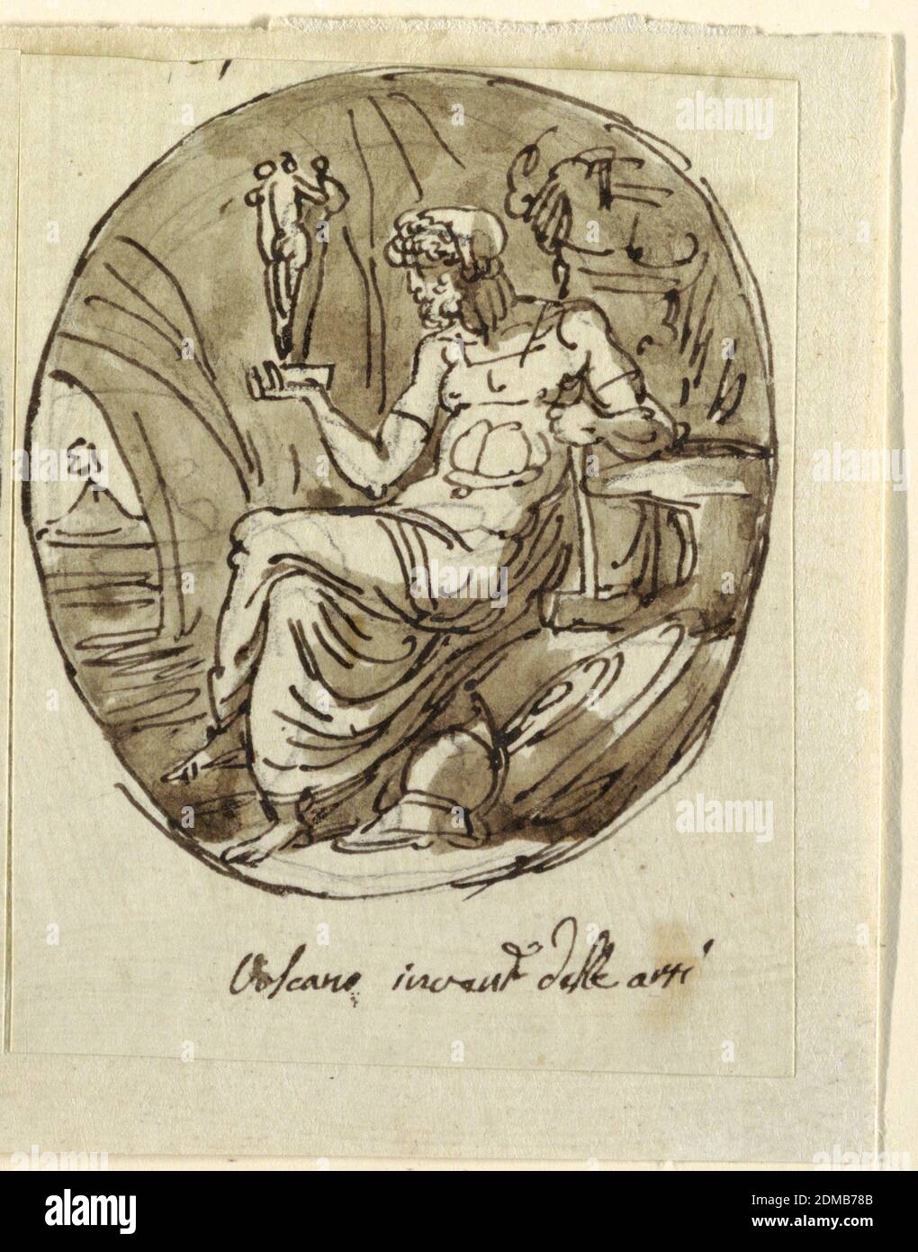 Vulcan, disegno per soffitto a volta, Sala dei Legislatori, Palazzo conti-Sinibaldi, Faenza, Felice Giani, Italiano, 1758–1823, penna e inchiostro, pennello e bistre lavano su gesso nero su carta arrotolata, Vulcan mostrato in profilo, seduto accanto all'incudine verso sinistra, all'interno della grotta. Il lato destro tiene un gruppo di tre Graces, il lato sinistro tiene il martello. Vista in lontananza del vulcano. Inscritto all'interno ovale: Vulcano inventato delle arti. In alto a sinistra, forse parte di '7.', Italia, 1787–1802, figure, disegno Foto Stock