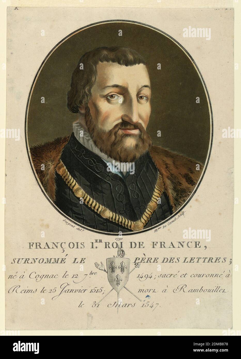 Re Francesco i di Francia, Marie-Jeanne-Françoise-Suzanne Champion de Cernel, francese, 1753 - 1834, Antoine-Louis-François Sergent-Marceau, francese, 1751 - 1847, Aquatint su carta, Francia, 1790, Stampa Foto Stock