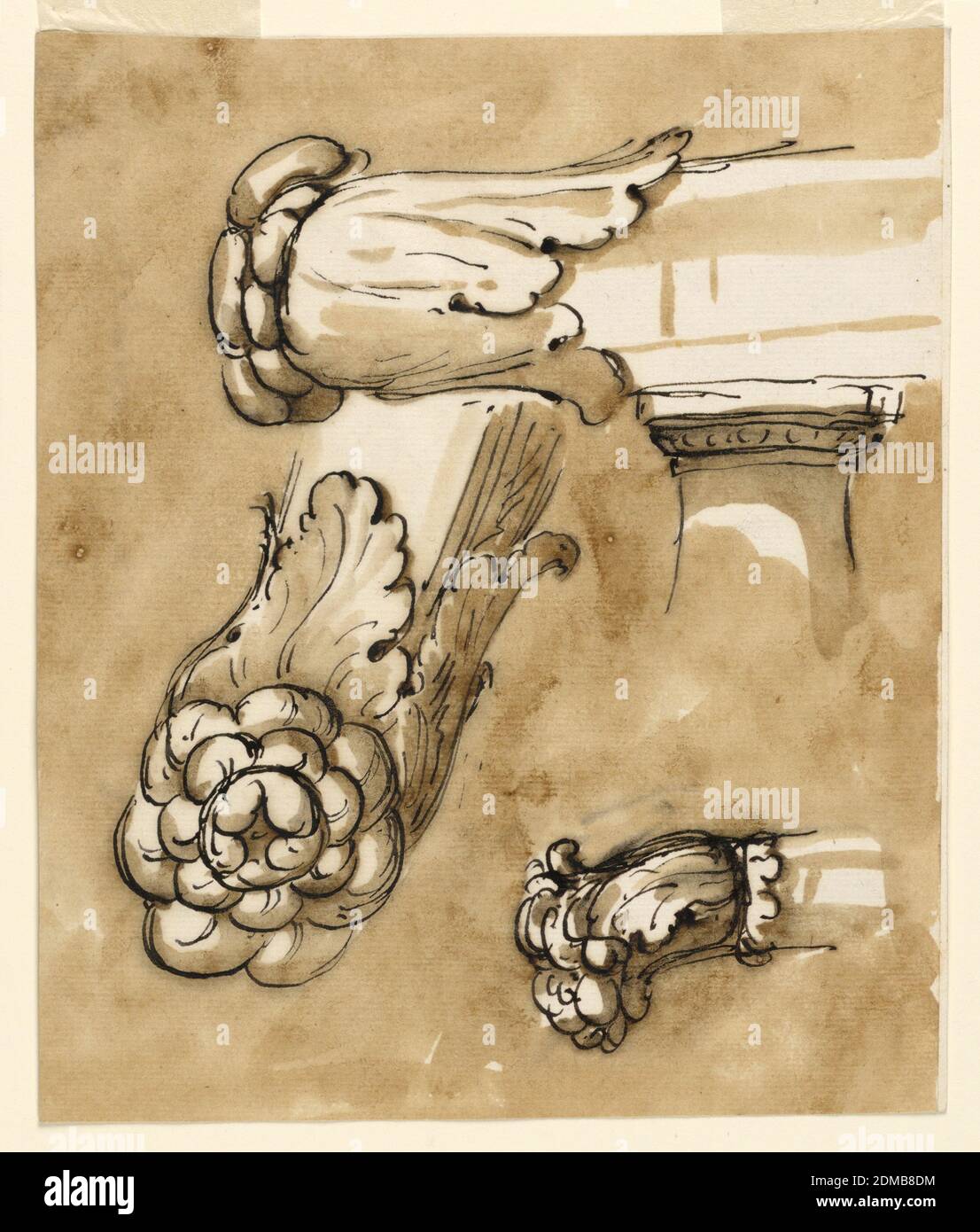 Raccordi metallici per ringhiere per scale, penna e inchiostro marrone, pennello e lavaggio marrone su carta defilata biancastra, foderata, tre viste di ringhiere che terminano in rosette con foglie di acanto., Italia, 1750–1800, mobili, disegno Foto Stock