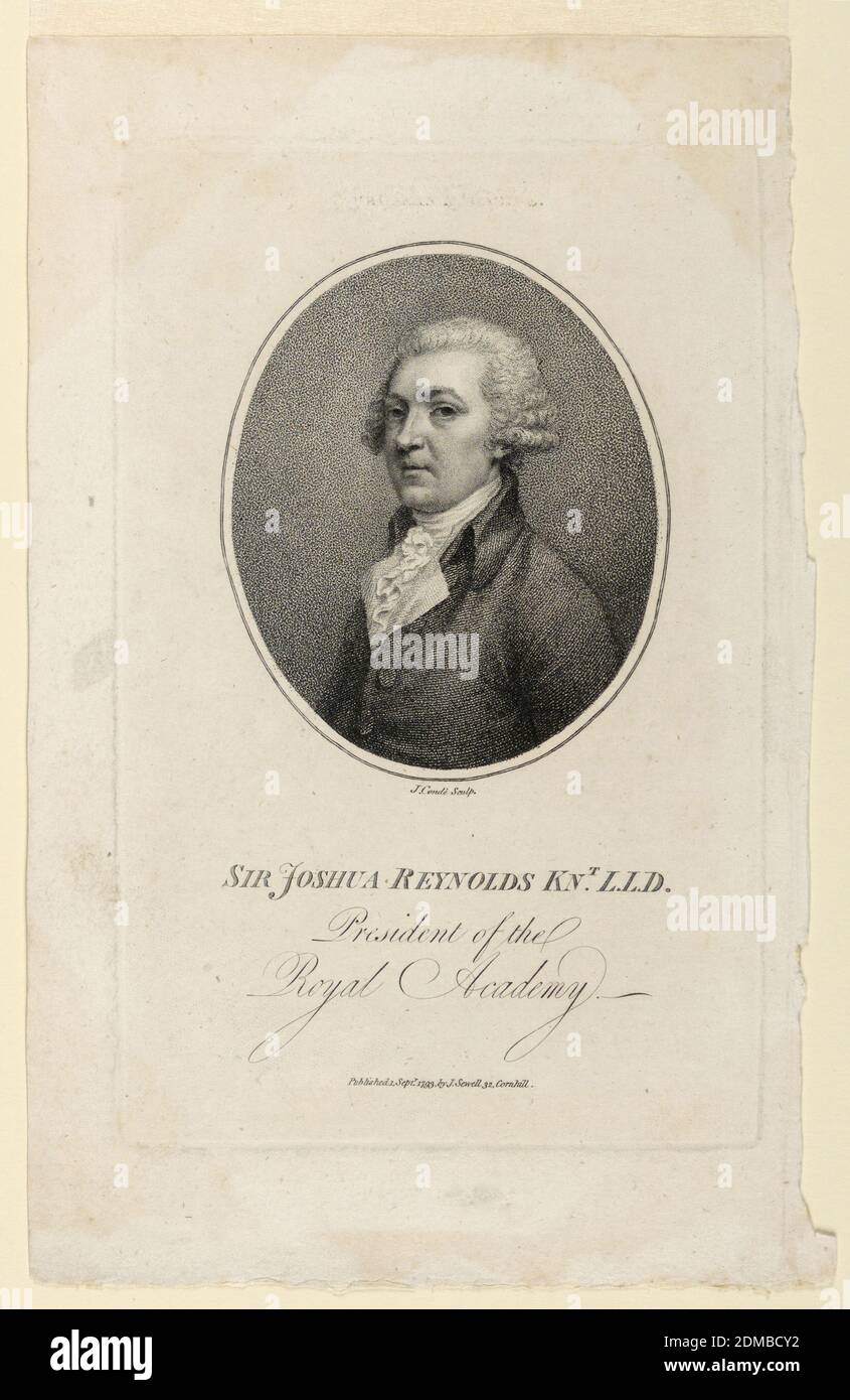 Ritratto di Sir Joshua Reynolds, presidente della Royal Academy, Jean Condé, francese, attivo in Inghilterra, morto 1794, incisione su carta, Inghilterra, 1793, Stampa Foto Stock