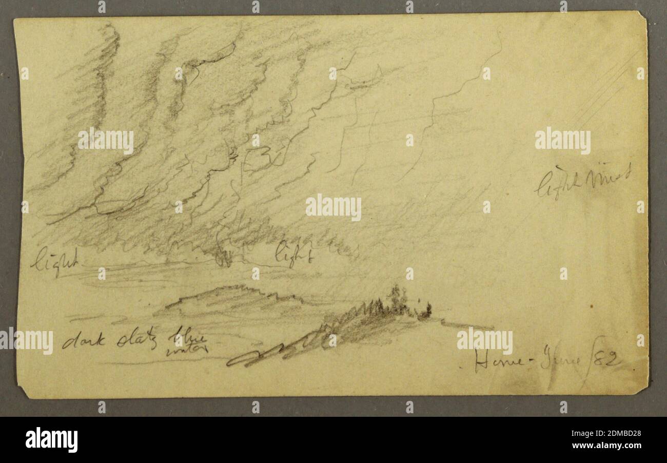 Mist Over River and Hills, Frederic Edwin Church, American, 1826–1900, Graphite on cream wove paper, Landscape of River with mist and notations in graphite., USA, giugno 1882, Landscapes, Drawing Foto Stock