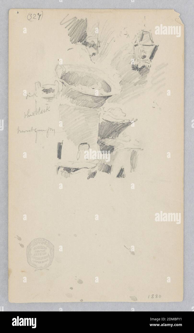 Venditore di strada, Robert Frederick Blum, americano, 1857–1903, grafite su carta di wove, schizzo di una figura che lavora su un grande bacino in un angolo di strada., USA, 1880, figure, disegno Foto Stock