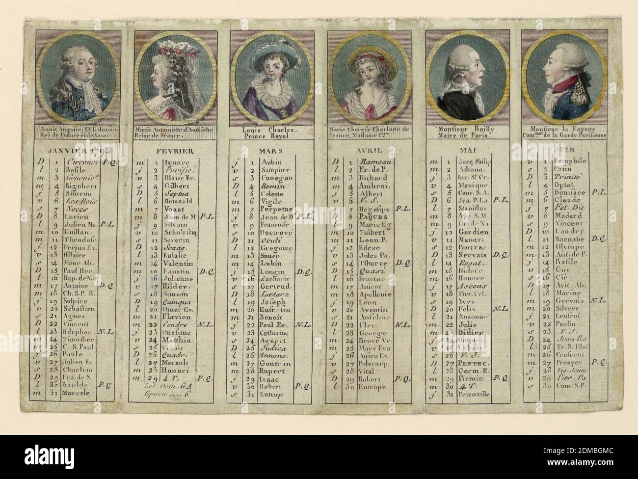 Almanac per la prima metà dell'anno 1792, incisione e incisione, pennello e acquerello su carta, un ritratto di medaglione oblungo è sopra ogni striscia dedicata ad un mese. I rappresentanti sono: Re 'Louis August XVI, du nom / Roi de France et de Navarre' (1754-1793); regina 'Marie Antoinette d'Autriche / Reine de France.' (1755-1793); il delfino 'Louis Charles / Prince Royale' (1785-1795); la principessa 'Marie Therese Charlotte de France, Madame Iere'; il maggiore di Parigi, 'Monsieur Bailly / Maire de Paris'; 'Monsieur [Marquis de] la Fayette / Com.dant de la Garde Parisienne' (1757-1834 Foto Stock