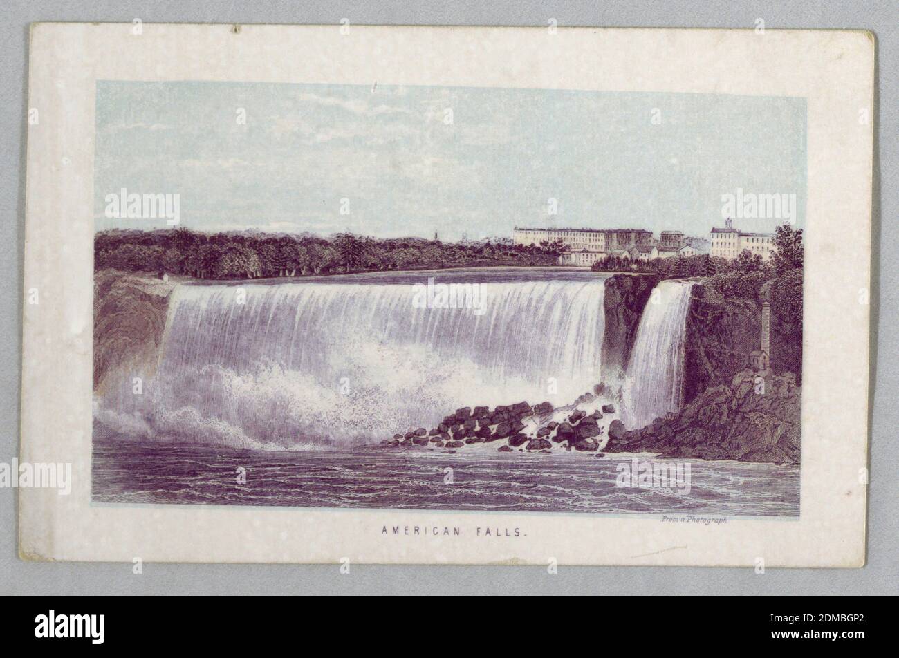 Cascate Americane dalle Cascate del Niagara: Essere una guida completa, incisione a colori del legno su cartoncino bianco, rettangolo orizzontale, USA, ca. 1857, Paesaggi, Stampa Foto Stock