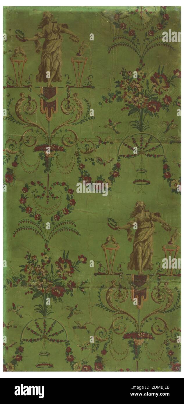 Parete laterale, blocco stampato su carta fatta a mano, carta araba con Priestessa di Venere versando libazioni, sotto il tower sostenuto da colombe e frecce incrociate sospese. La figura si trova su un lambbesin, con rotoli floreali, palangari floreali e cerchietti di perle, bouquet floreali. Stampato in dodici colori su terreno verde, Parigi, Francia, 1789, Wallcoverings, Sidewall Foto Stock