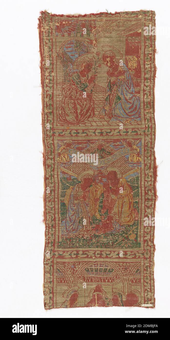 Orphrey band, Medium: Seta, metallo avvolto tecnica lino: Due strutture combinate, 4&1 satin più 2/1 twill, banda divisa in rettangoli; la parte superiore che mostra l'Annunciazione, quella centrale che mostra la Natività e la successiva (incompleta) che mostra la parte superiore della Presentazione., Italia, XVI secolo, tessuti tessuti, banda Orphrey Foto Stock