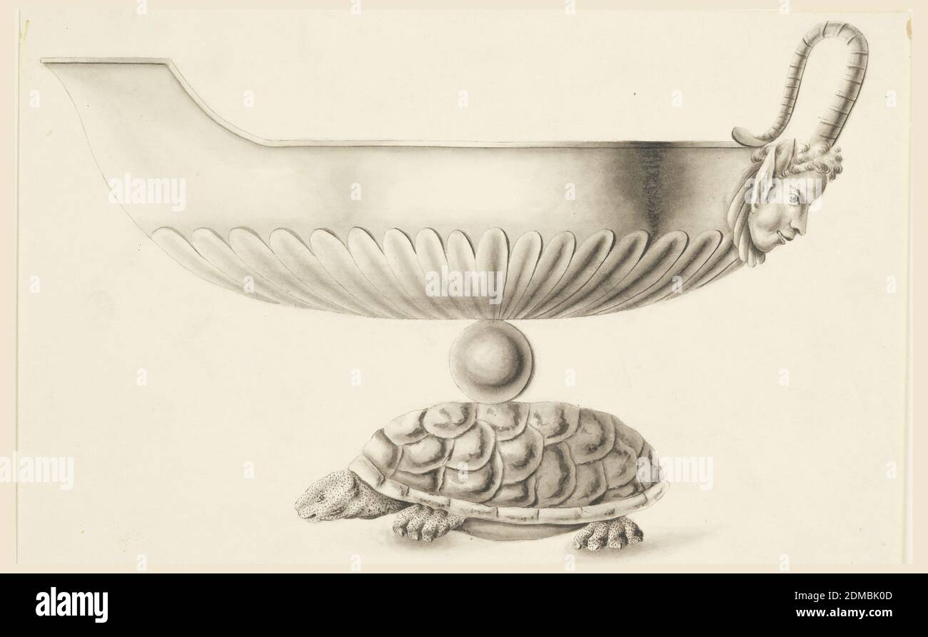 A Sauce Boat, Joseph Anton Seethaler II, tedesco, 1799–1868, penna e inchiostro, pennello e lavaggio su carta, vista laterale; barca sostenuta da un globo e una tartaruga. L'impugnatura è composta da due corna di una maschera satirica. Il tubo di lancio è ruotato a sinistra., Augusta, Germania, 1827–35, metallo, disegno Foto Stock