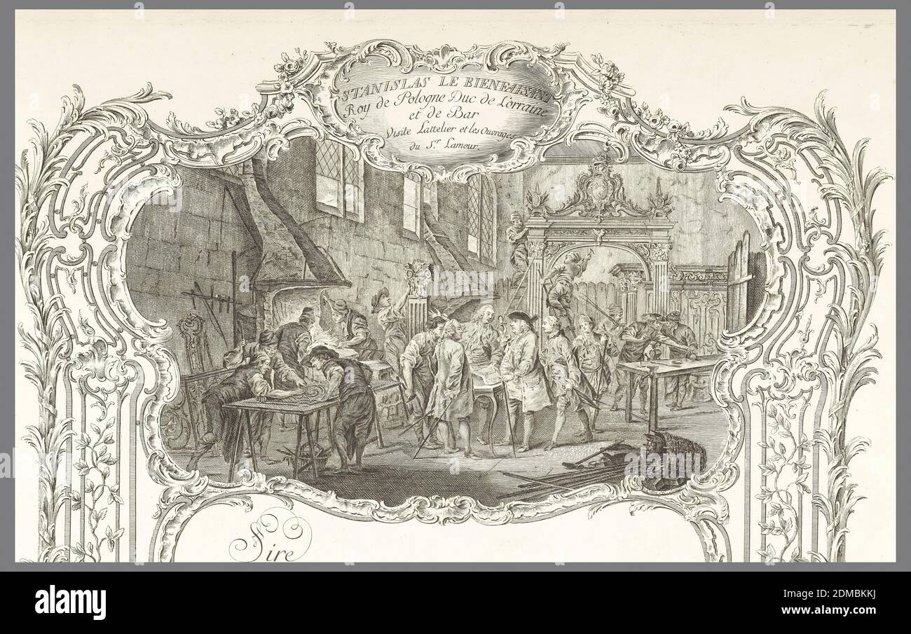 Stanislas le Bienfaisant...visite Latellier et les Ouvrages du Sr. Lamour (Stanislas Leszcynski in visita alla bottega di Jean Lamour), in Recueil des Ouvrages en Serrurerie...sur la Place Royale de Nancy (Album di ironwork ...per la Place Royal a Nancy), Jean Lamour, francese, 1698–1771, Nicole Collin, su carta pesante, Collin Elaborata cornice a rocaille con pergamene a C e motivi interlacciati con grande vignetta centrale superiore e scena più piccola nel centro inferiore della cornice. La scena superiore mostra l'interno della bottega del fabbro. Lamour presenta per l'ispezione di Stanislas Foto Stock