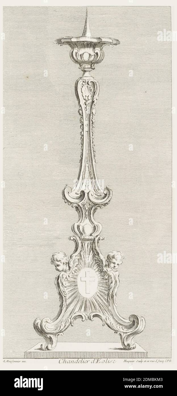 Chandelier d'Eglise (lampadario della Chiesa), piatto 81, da oeuvres de Juste-Aurèle Meissonnier (opere di Juste-Aurèle Meissonnier), Juste-Aurèle Meissonnier, francese, n. Italy, 1695–1750, Gabriel Huquier, French, 1695–1772, incisione su carta bianca, fanale a piedi in stile rococò; il corpo principale mostra la croce con ciò che assomiglia ai raggi. Sopra, due teste di putti guardano verso il basso; sopra, la lampada ha una forma approssimativamente triangolare, costituita da curve a C che conducono verso l'alto ad un elemento a forma di ciotola sormontato da un punto., Paris, France, 1695–1750, metallurgia, Stampa Foto Stock