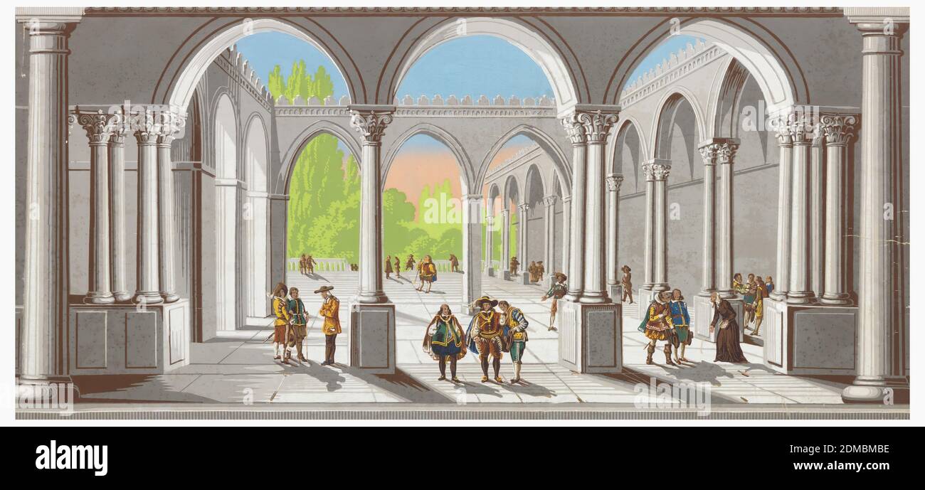 Fregio, stampa a blocchi e stenciled su carta fatta a macchina, chiostro o cortile aperto visto in prospettiva profonda. Grisaille porticato e portico, con figure in costume del XVI secolo. Paesaggio visto in lontananza attraverso colonnato. I pennellate sono evidenti in alcuni pigmenti. Il cielo è ombreggiato da arancione-rosa fino al blu. Rettangolo orizzontale, Francia, 1835–45, rivestimenti, Fregio Foto Stock