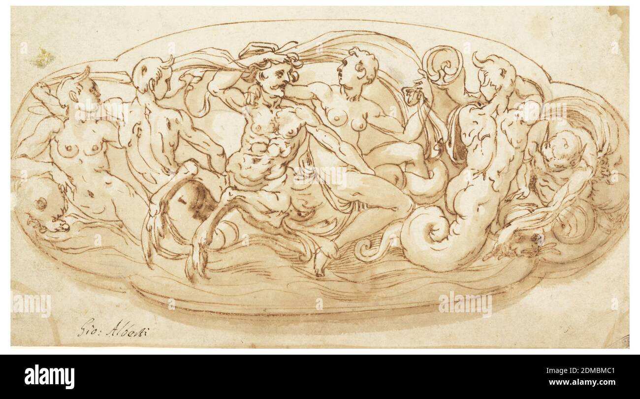 Progetto per la decorazione di una lastra d'argento., gesso nero, penna, inchiostro, lavaggio di biestre su carta., quadrifoglio allungato. Una ninfa corre su un centauro di mare, accompagnato da tre mermen, e una ninfa su un delfino. Parte superiore dell'aquila in ovoide sotto una corona; schema di Briquet 209., Italia, 1590–1620, disegni di stoviglie, disegno Foto Stock