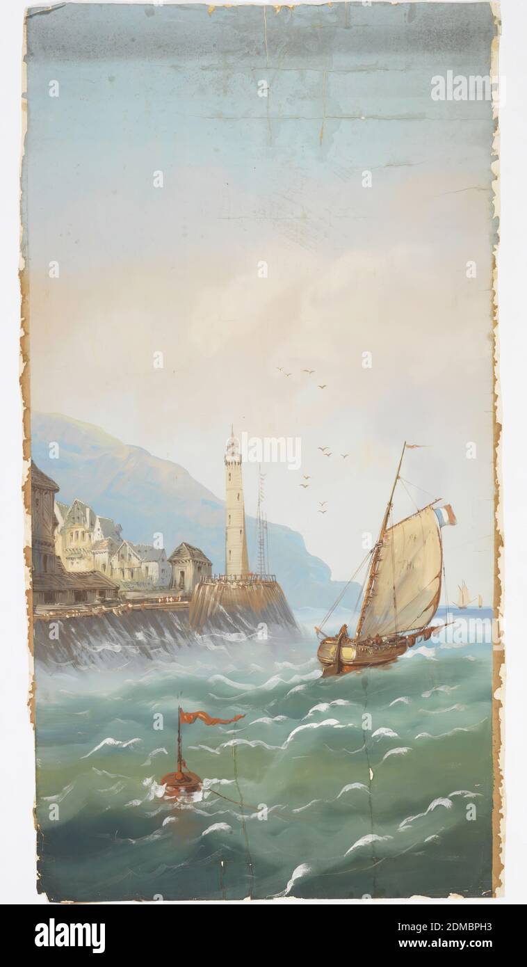 Scenic, dipinto a mano su carta, montato su tela, un pannello di un set. Imbarcazione a vela con bandiera francese; boa in primo piano. Montagne in lontananza. Villaggio con faro a sinistra. Mare blu-verde, cielo classificato, Francia, ca. 1840, Wallcoverings, Scenic Foto Stock