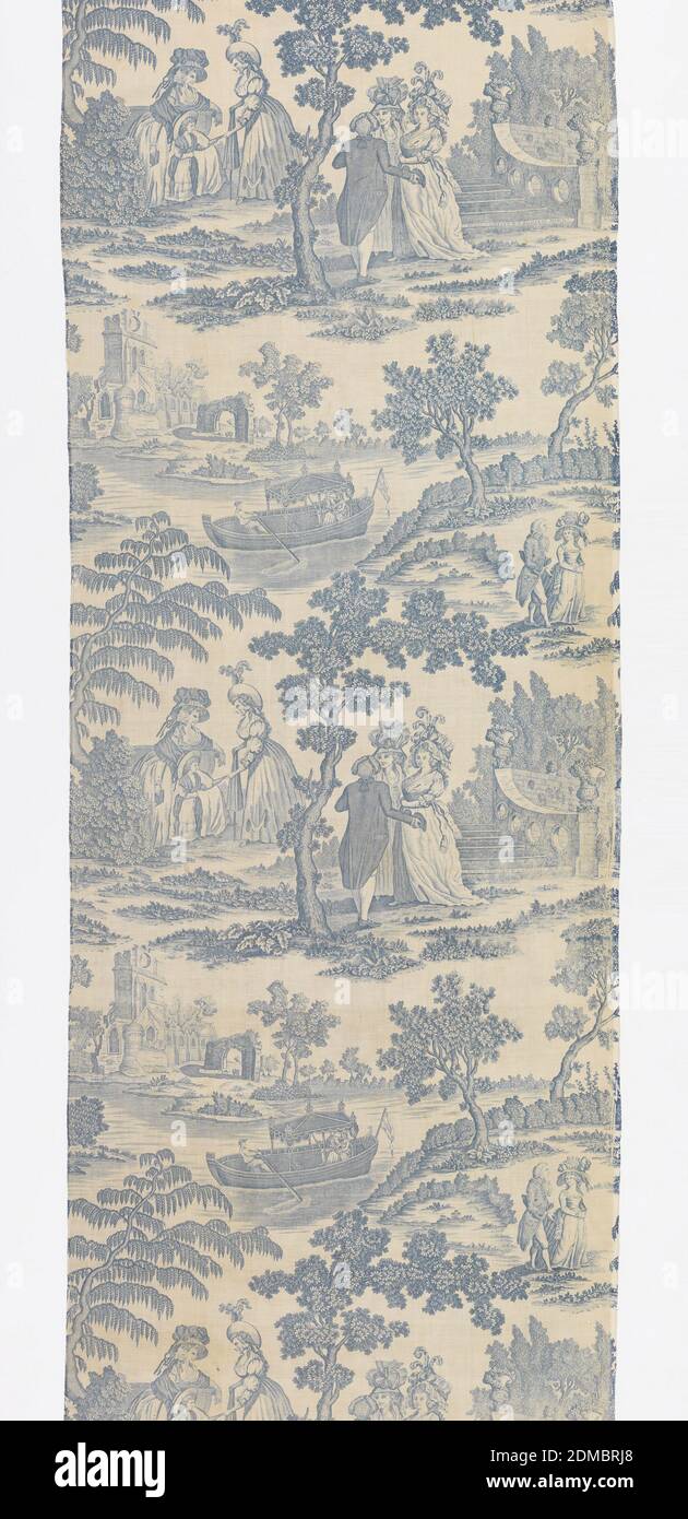 Tessile, David Richards, British, David Richards, British, Medium: Cotone tecnica: Stampato con placca incisa su tessitura piana, tessuto blu stampato con un disegno di ripetizione verticale: La scena principale, al centro, mostra due Signore che parlano con una ragazza in un parco; a destra, due signore conversano con un signore ai piedi di una rampa di scalini in pietra con balaustra. Sopra, a sinistra, due Signore che vengono fatte vagare in una barca da un uomo, passato rovine gotiche; a destra, una signora e un Signore passeggiando in boschi pittoreschi. I gradini in pietra hanno un'iscrizione sul bordo del battistrada del gradino inferiore: "Drawn & Engrav’d di D. Richards Foto Stock
