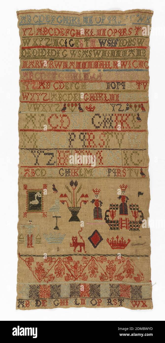 Campionatore, Medio: Lana su lino tecnica: Ricamato, campionatore lungo e stretto con bande orizzontali contenenti l'alfabeto, i numeri e le figure geometriche., Inghilterra, XVIII secolo, ricamo e cucito, Sampler Foto Stock