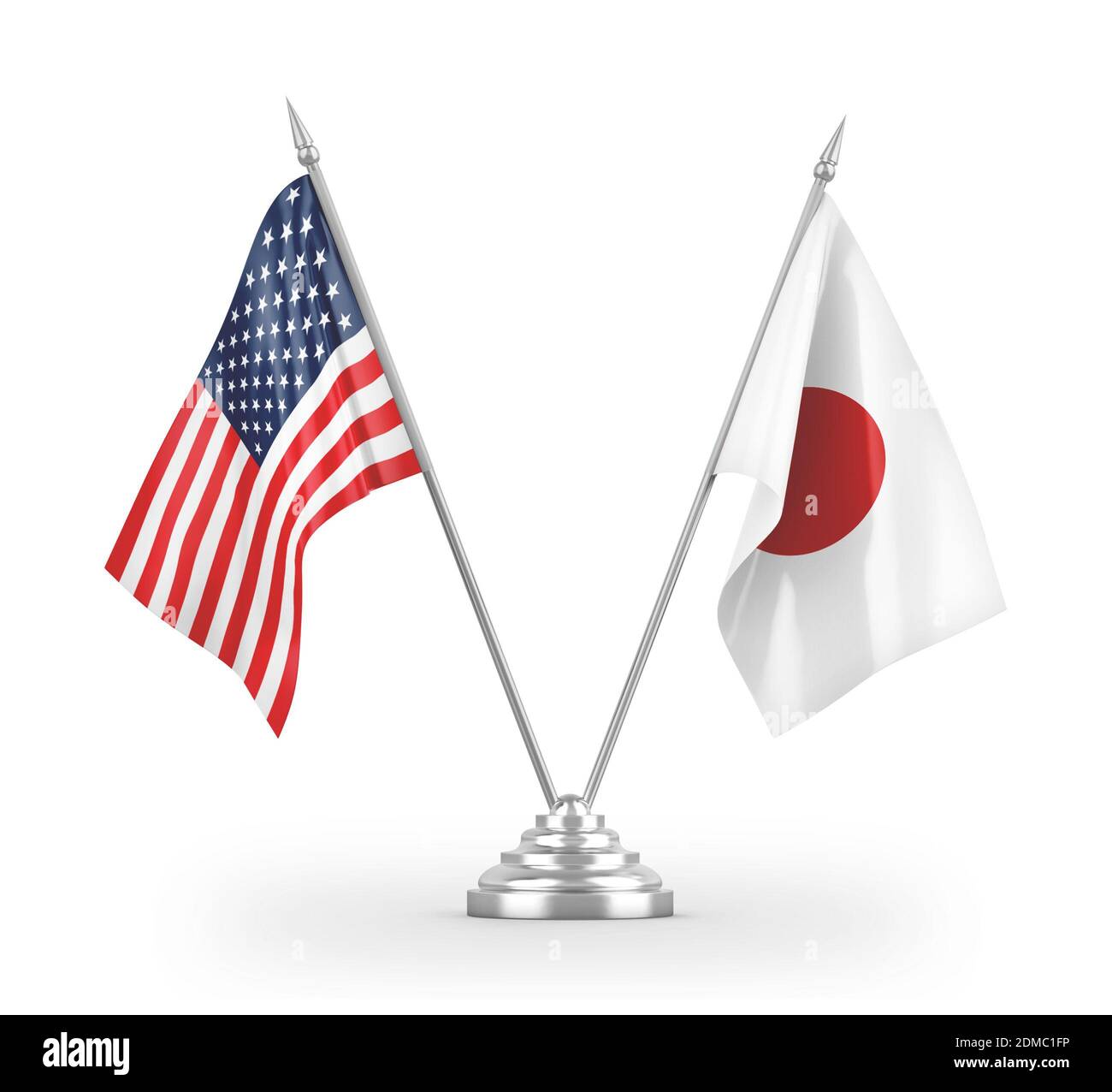 Bandiere da tavolo per Giappone e Stati Uniti isolate su 3D bianco rendering Foto Stock