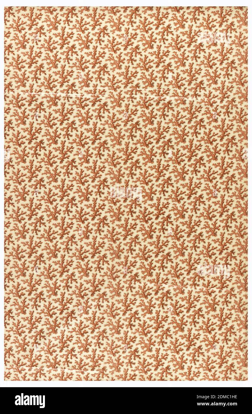 Tessile, Medio: Cotone tecnica: Stampa a rullo, disegno complessivo dei rami corallini circondati da punti in due rossi e marrone. Tessuto con smalto originale, Inghilterra, 1850–1900, tessuti stampati, tinti e verniciati, tessile Foto Stock
